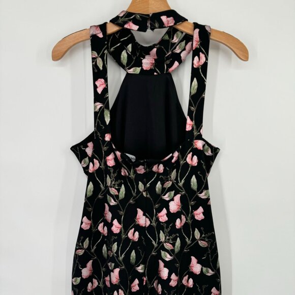 Bebe Floral Print Halter Black & Pink metallic floral Midi Dress size 12 womens - Picture 6 of 10